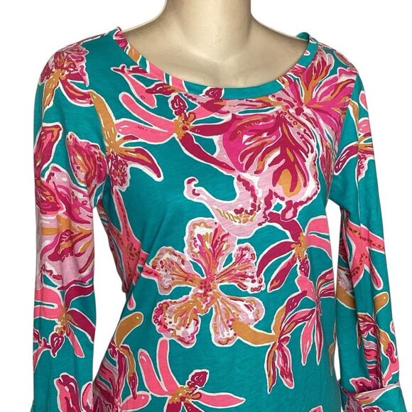 Lilly Pulitzer Dress XS Linden Sea Blue Via Sunny Floral 3/4 Sleeve - Picture 3 of 7